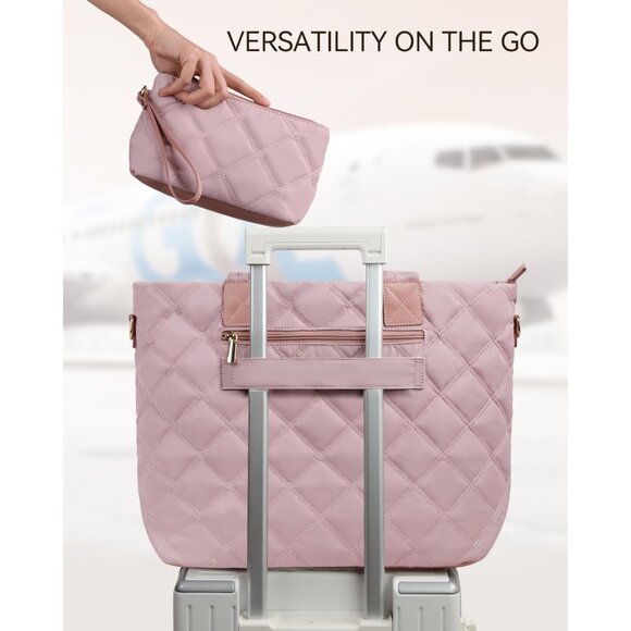 Prite Women Pink Polyester Compartment Quilted Puffer Shoulder Tote Work Bag - Picture 6 of 7